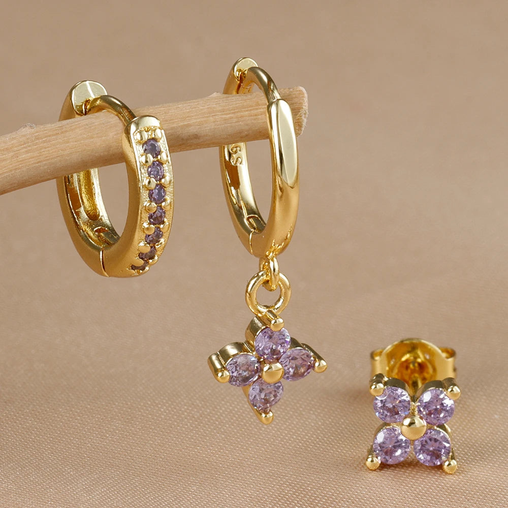 3PCS Gold Colour Crystal Zirconia Drop Earrings Flower Dangle Set