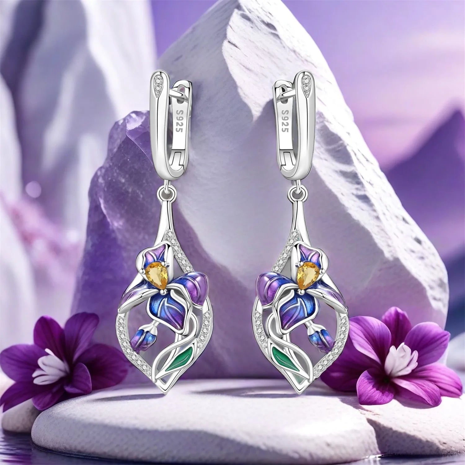 925 Sterling Silver Blue Purple Iris Flower Drop Earrings Trendy Jewellery
