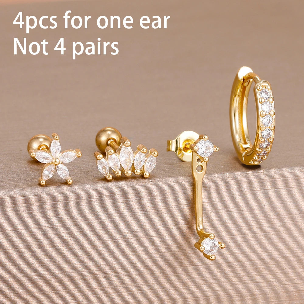 4pcs Korean Stainless Steel Zircon Water Drop Piercing Earrings Set