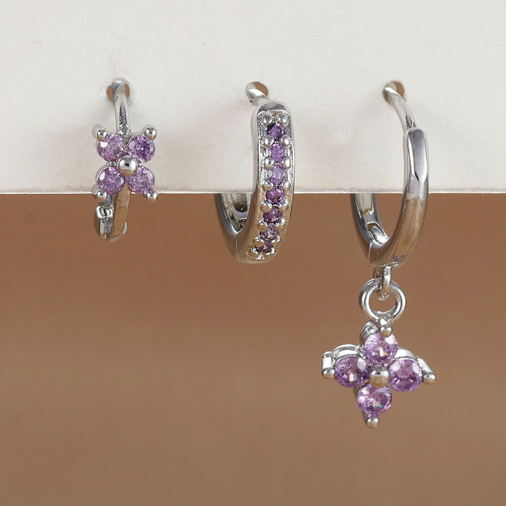 3PCS Trendy Stainless Steel Flower Drop Earring Set Zirconia Dangle