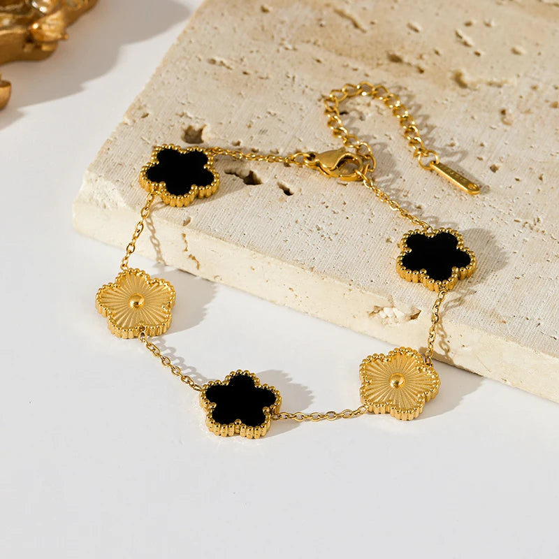 Five Leaf Clover Stainless Steel Bracelet Black Flower Wrist Chain