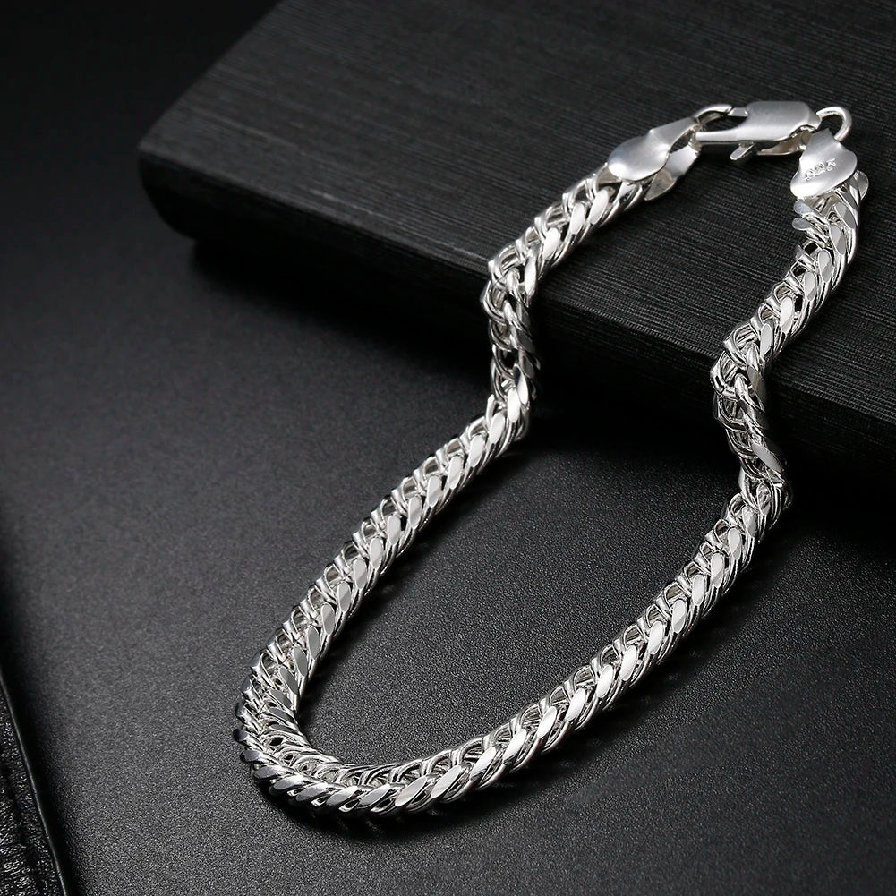 Classic Flat Sideways Chain Bracelet 925 Sterling Silver Men Women Jewellery