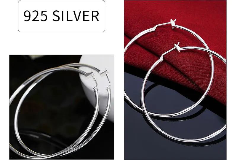 925 Sterling Silver 50mm Simple Circle Earrings Women Engagement Hip Hop Gift