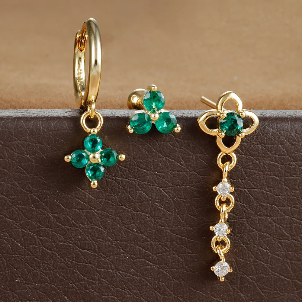3PCS Green Zircon Flower Hoop Earrings Set Stainless Steel Luxury