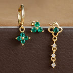 3PCS Green Zircon Flower Hoop Earrings Set Stainless Steel Luxury