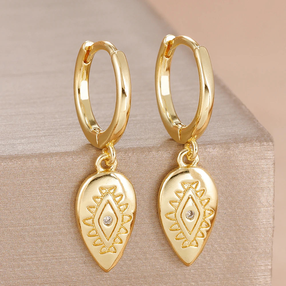 2PCS Fashion Stainless Steel Leaf Evil Eye Dangle Earrings 14K Gold