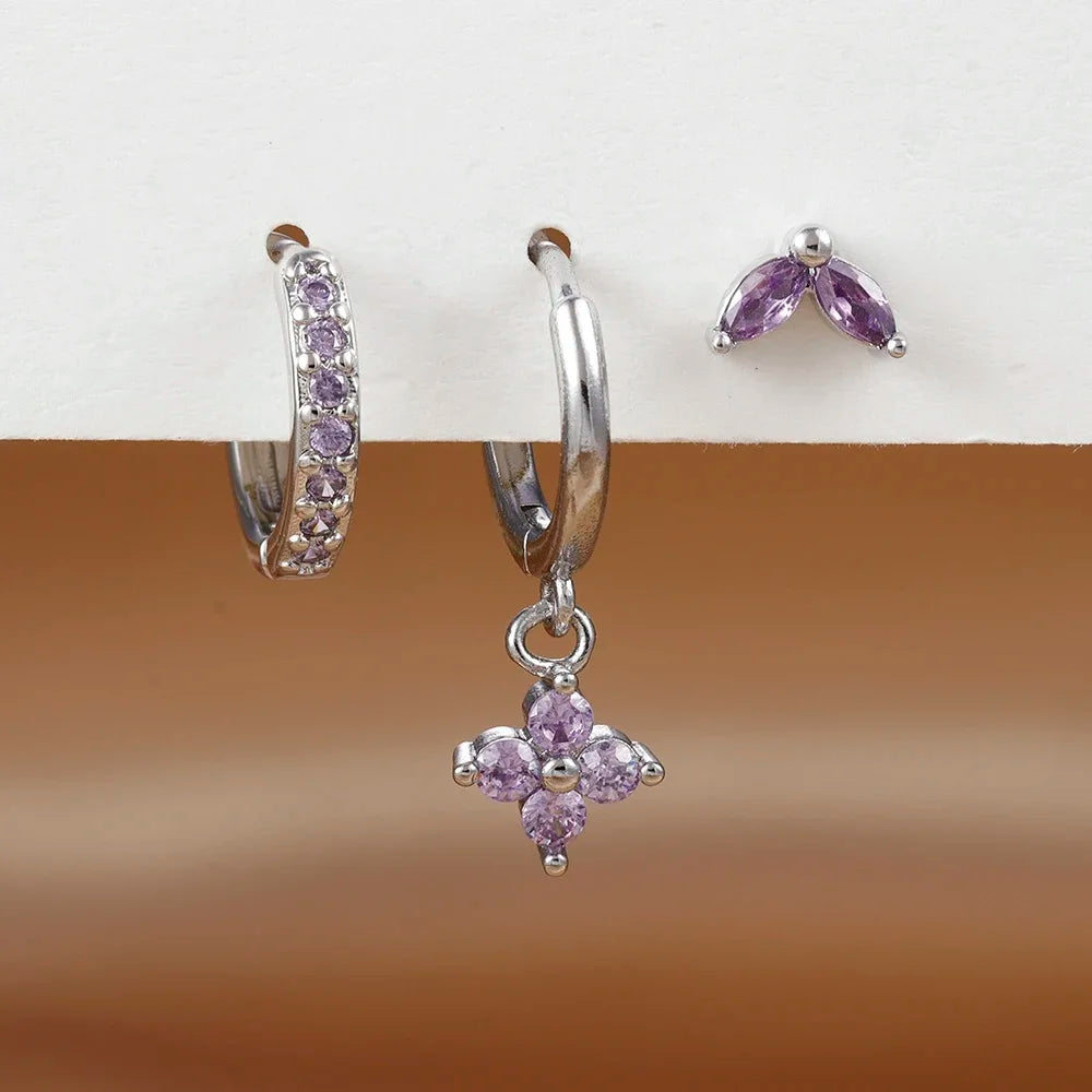 3PCS Exquisite Green Zircon Hanging Earrings Stainless Steel Flower