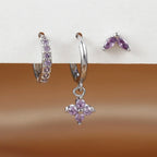 3PCS Exquisite Green Zircon Hanging Earrings Stainless Steel Flower