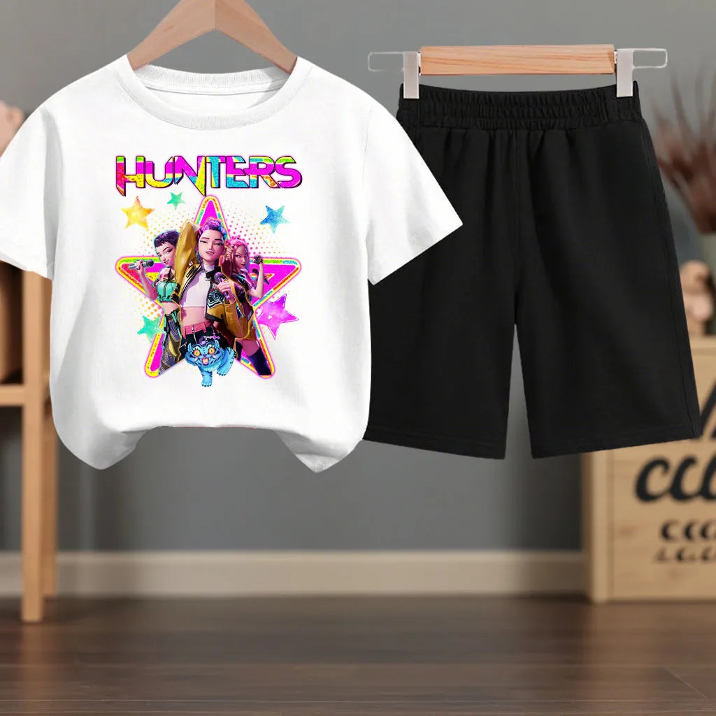 K-pop Girls Summer Casual T-Shirt and Shorts 2-Piece Fashion Outfit