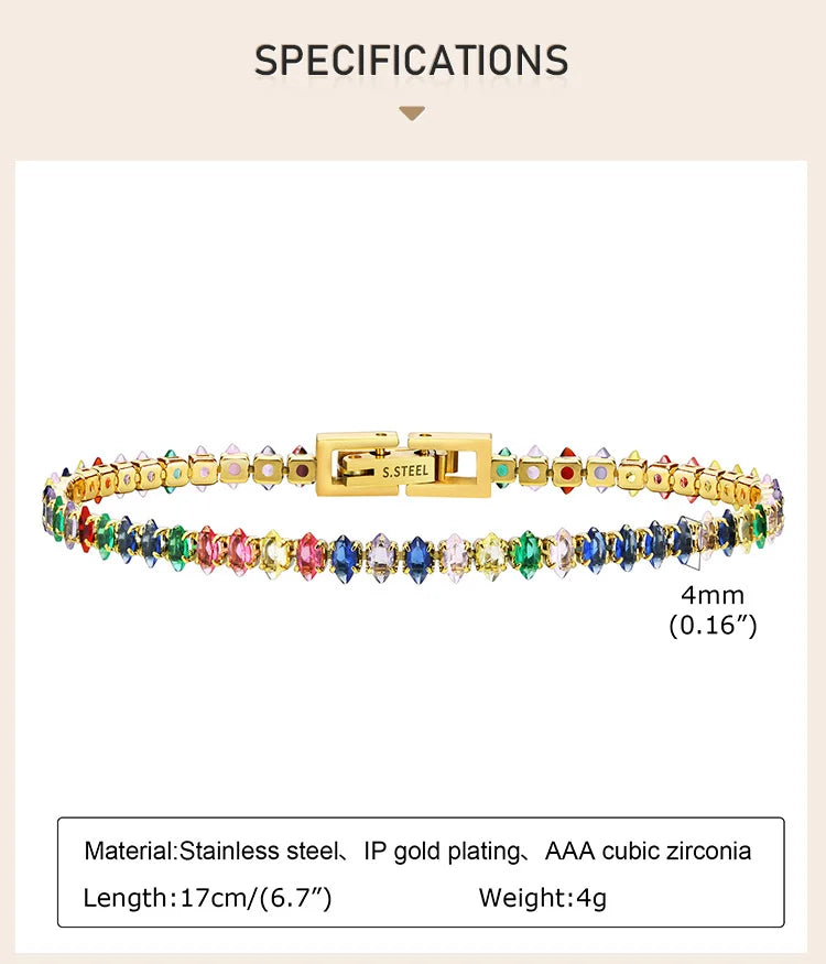 Colorful Tennis Bracelet Women, Cubic Zirconia Chain,stainless Steel CZ Link, Girlfriend Mom Gift