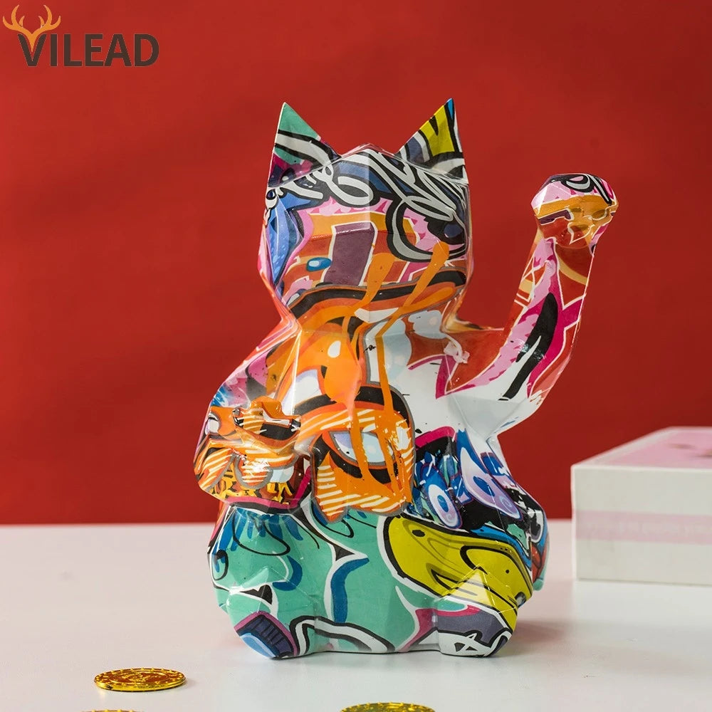 Geometric Abstract Lucky Cat Home Shop Decoration Resin Figurines Wall Shelf Modern Art