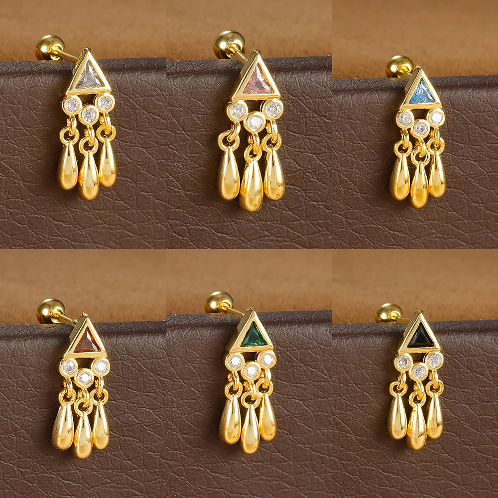 1PC Stainless Steel Zircon Gold Colour Triangle Stud Earrings