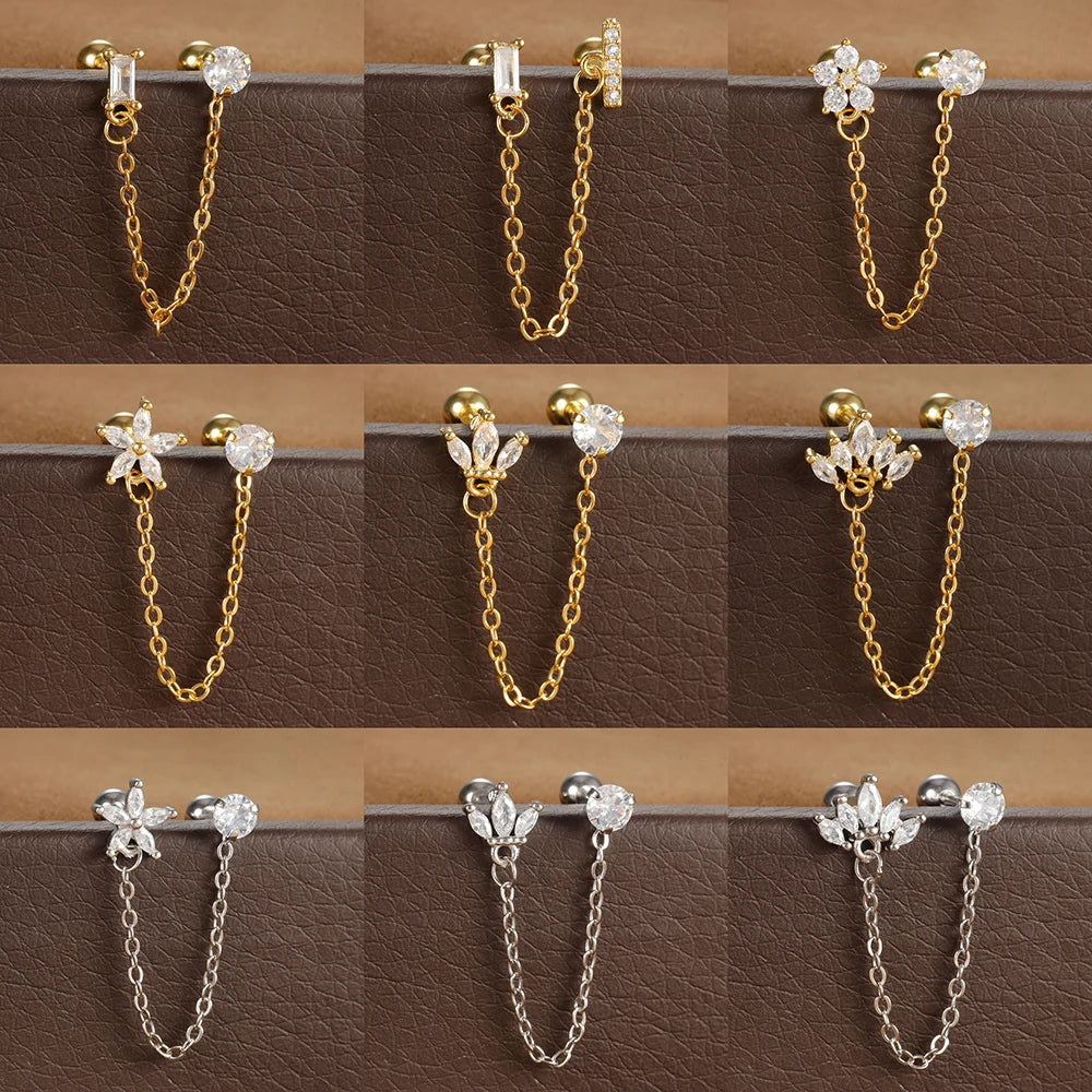 Stainless Steel Zircon Crown Stud Earrings Women 18K Gold Double Studs