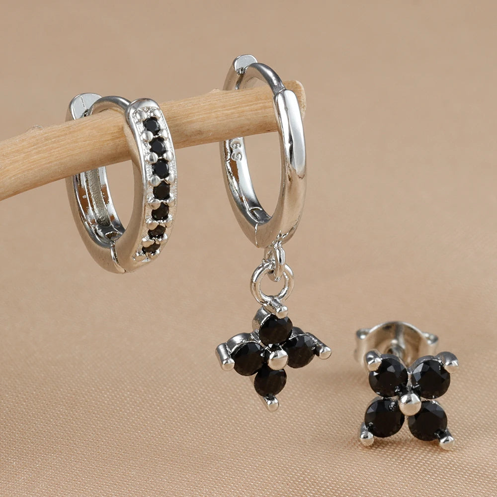 3PCS Gold Colour Crystal Zirconia Drop Earrings Flower Dangle Set
