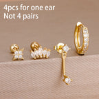 4pcs Korean Stainless Steel Zircon Water Drop Piercing Earrings Set