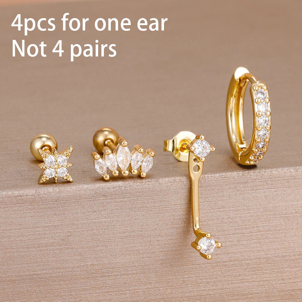 4pcs Korean Stainless Steel Zircon Water Drop Piercing Earrings Set