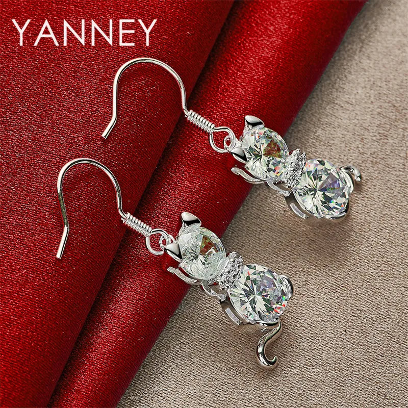925 Sterling Silver Cute Kitten Zirconia Earrings Women Fashion Wedding Gift