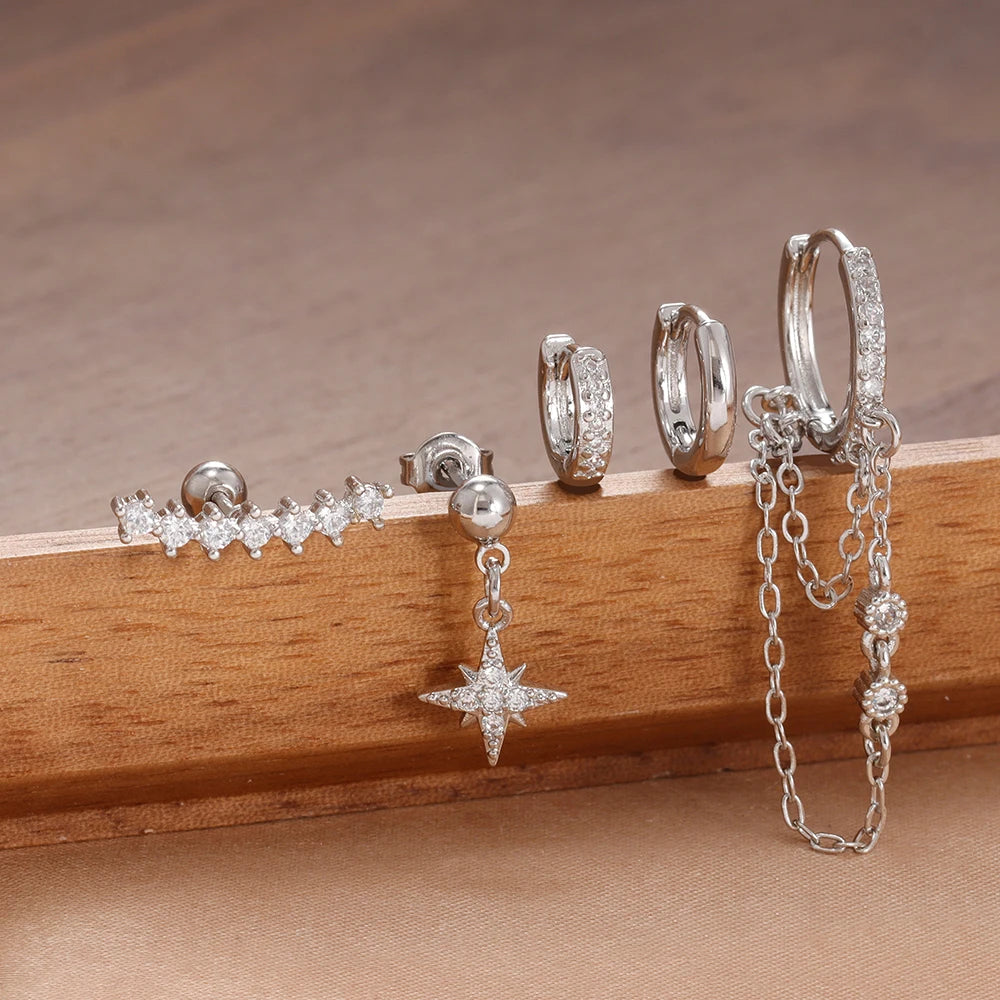 5PCS Crystal Zirconia Stainless Steel Hoop Earrings Star Chain