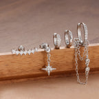 5PCS Crystal Zirconia Stainless Steel Hoop Earrings Star Chain