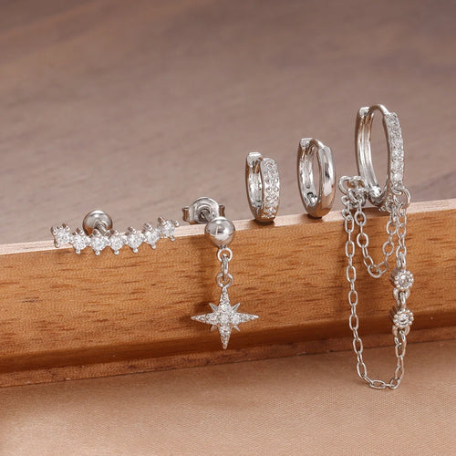 5PCS Crystal Zirconia Stainless Steel Hoop Earrings Star Chain