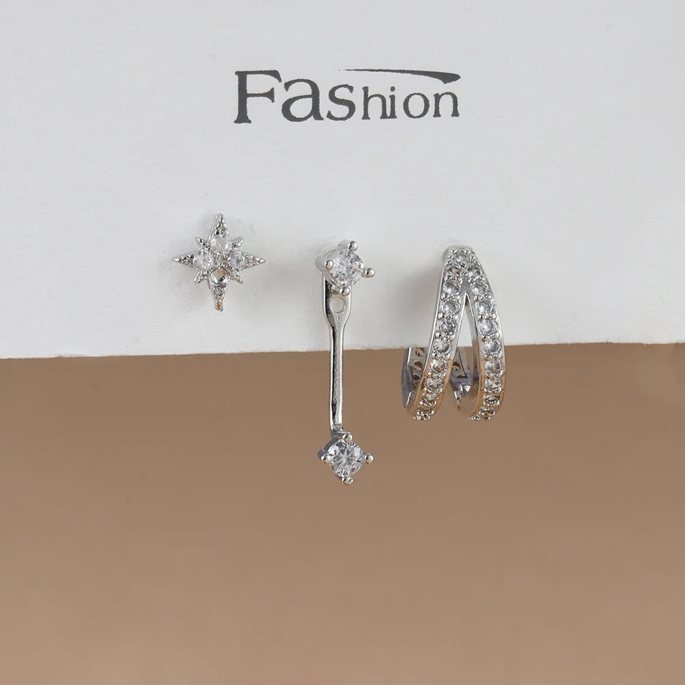 3PCS Trendy Double-layer Circle Cubic Zircon Star Hanging Earrings