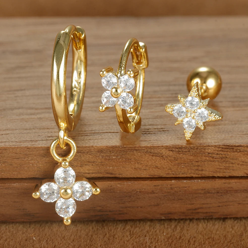 3PCS Four Flower Zircon Little Hoop Earring Star Cartilage Piercing