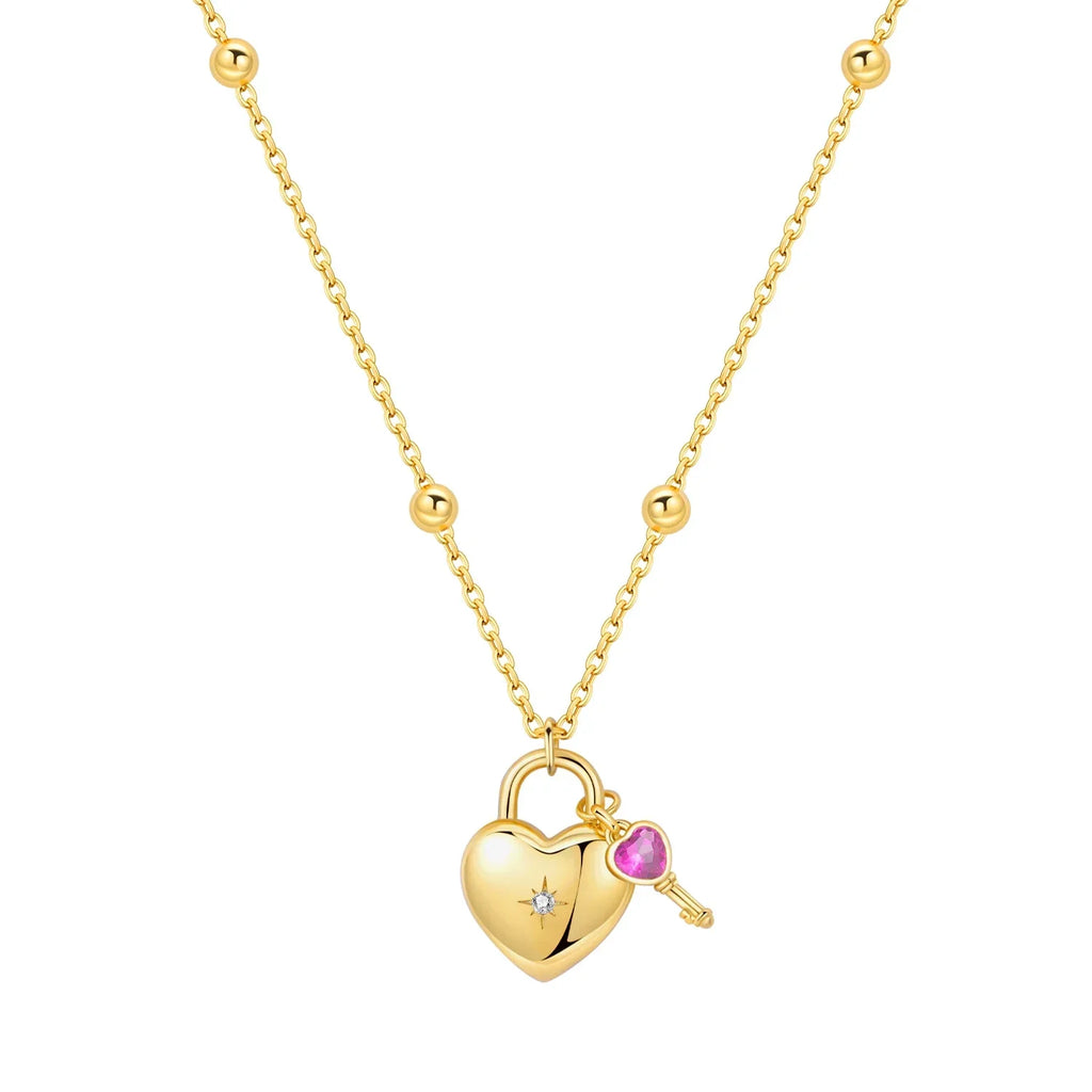 Original 925 Sterling Silver 18K Gold Heart Lock and Key Necklace Y-shaped Chain Necklace For Women Memorial Prayer Jewelry Gift