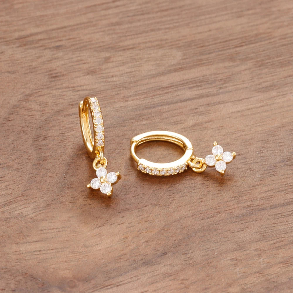 Luxury Stainless Steel Small Dangle Earrings Zirconia Flower Pendant