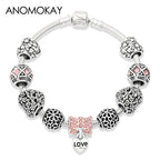 Romantic Pink Heart Charm Bracelet Fine Crystal DIY Bead Bangle Gift