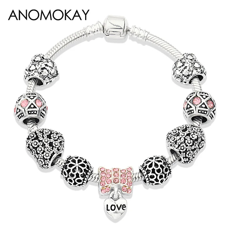 Romantic Pink Heart Charm Bracelet Fine Crystal DIY Bead Bangle Gift