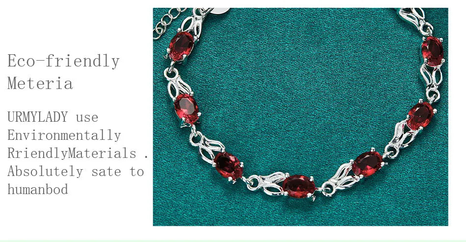 Red Crystal Chain Bracelet 925 Sterling Silver Women Fashion Wedding Gift