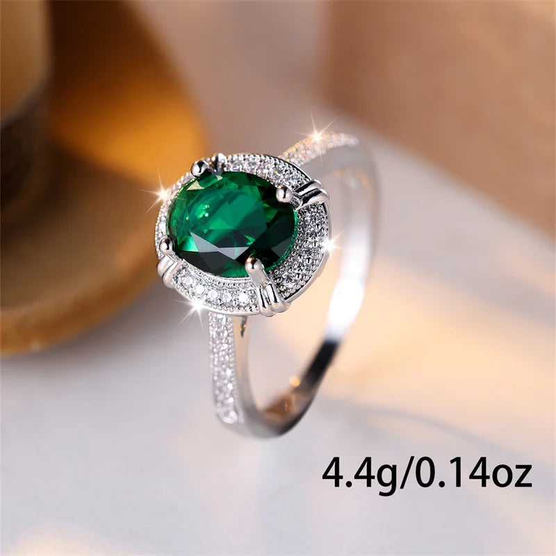 Classic Oval Green Stone Wedding Bands Silver Color Female Egg Shaped Zircon Vintage Promise Engagement Rings For Women Jewelry