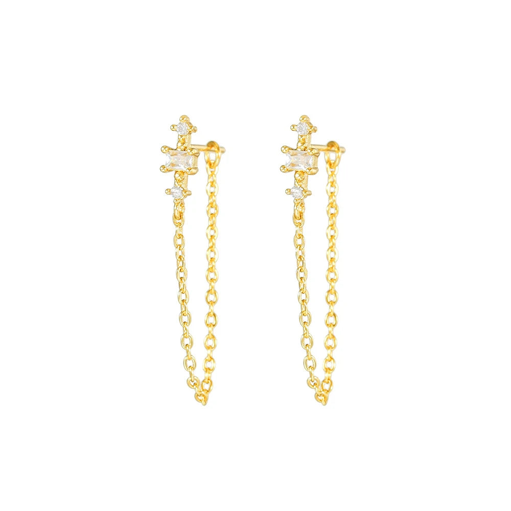 2PCS Gold Colour Long Chain Square Zircon Drop Earrings Rectangle