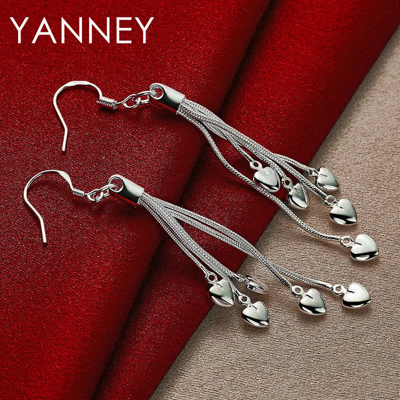 925 Sterling Silver 70mm Tassel Heart Earrings Women Fashion Girlfriend Gift