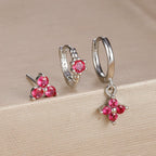3PCS Gold Plated Chain Zircon Hanging Earrings Stainless Steel Flower