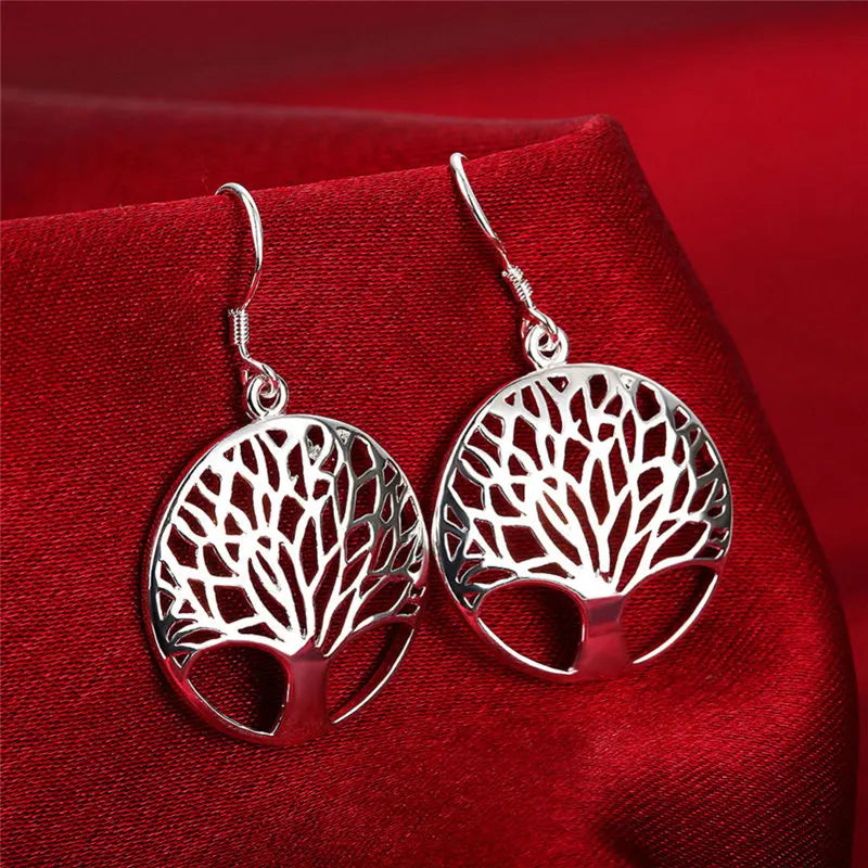 925 Sterling Silver 40mm Round Tree of Life Earrings Women Fashion Wedding