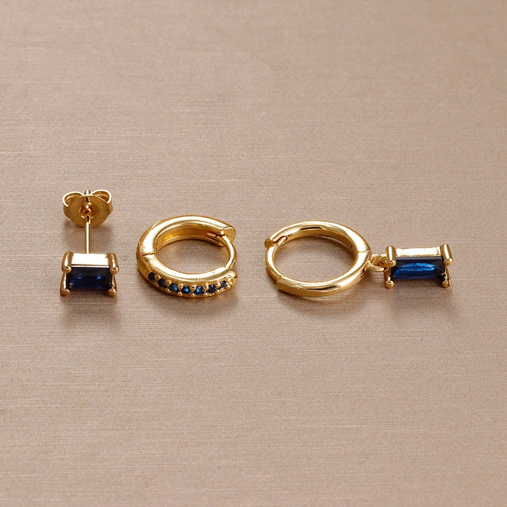 3PCS Cute Flower Stainless Steel Blue Zircons Small Hoop Earrings