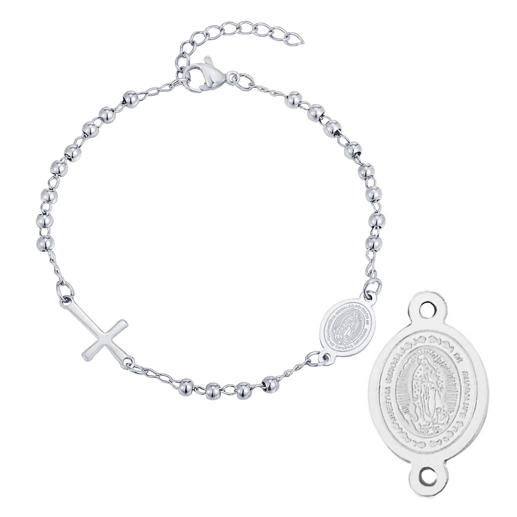 Stainless Steel Virgin Mary St Benedict Cross Bracelet, Bead Chain Bracelet Women Religious Jewelry