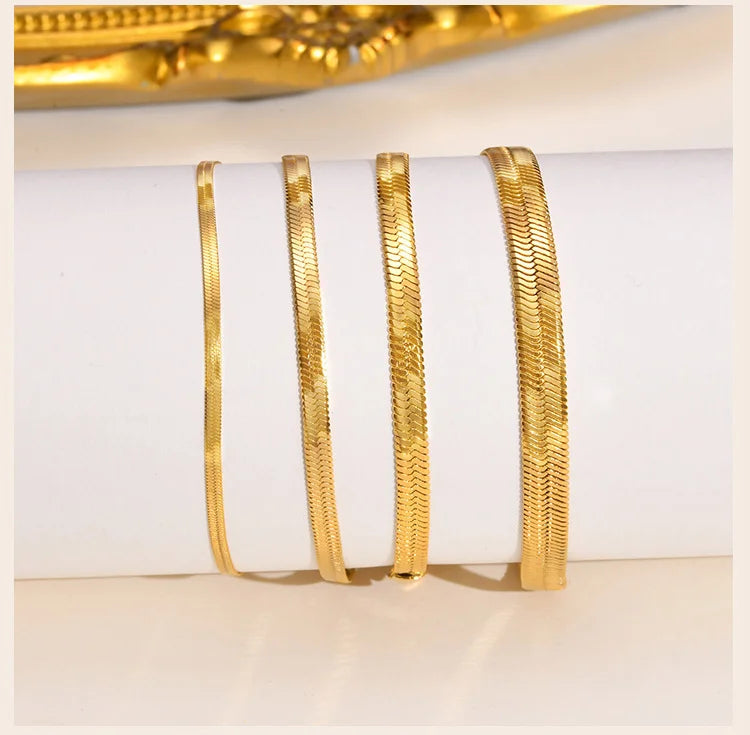 Herringbone Snake Chain Bracelet For Women ,18k Gold Plated Link Adjustable Stainless Steel Width 2/3/4mm