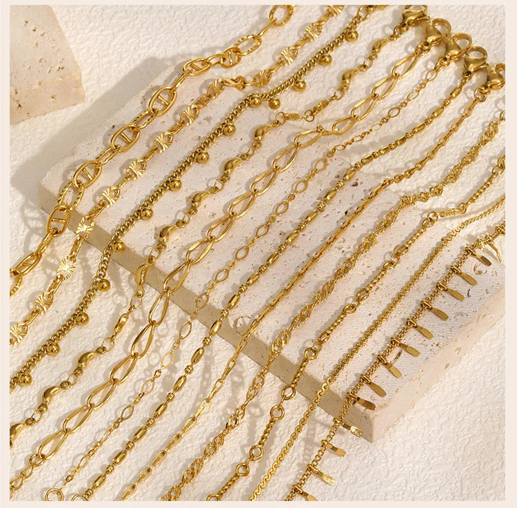 Gold Plated Link Bracelet for Women, Stainless Steel Stackable Chain Wristband, Adjustable Waterproof Jewelry