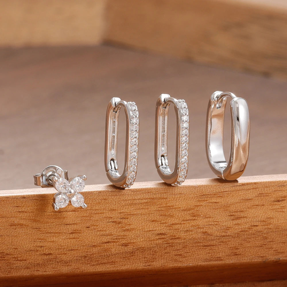 4PCS Simple Zircon U-Shape Hoop Earrings Set Stainless Steel Flower