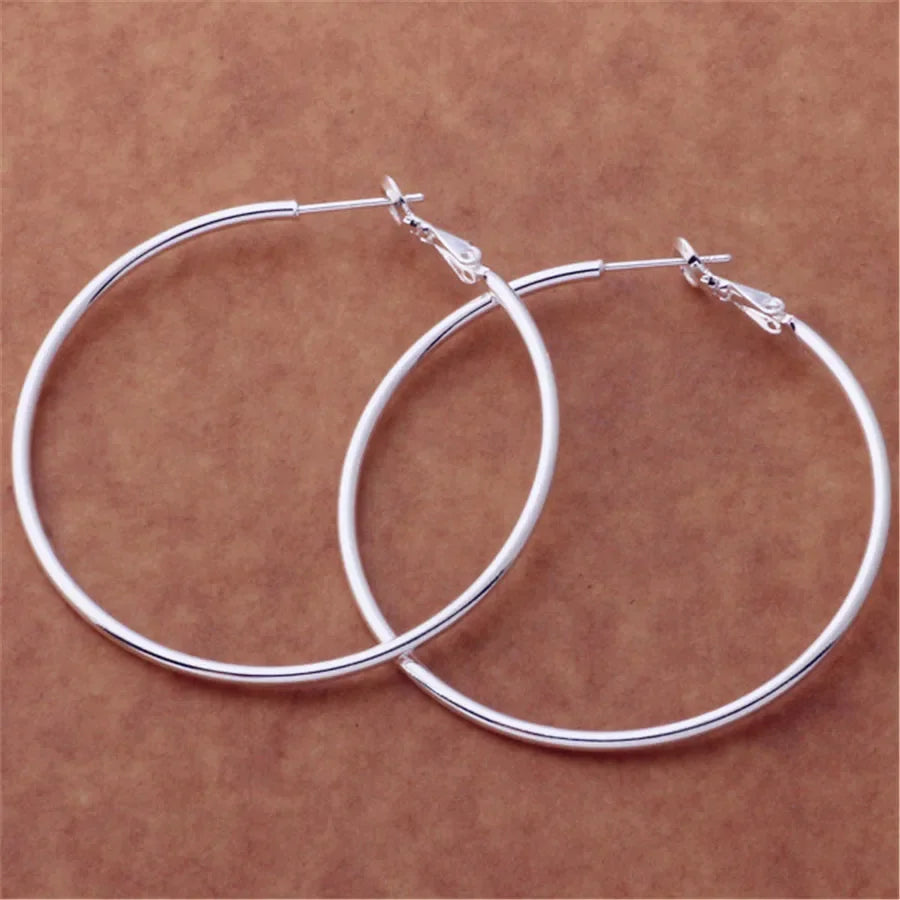 925 Sterling Silver Big Hoop Earrings Women 50/60/70/80mm Wedding Jewellery