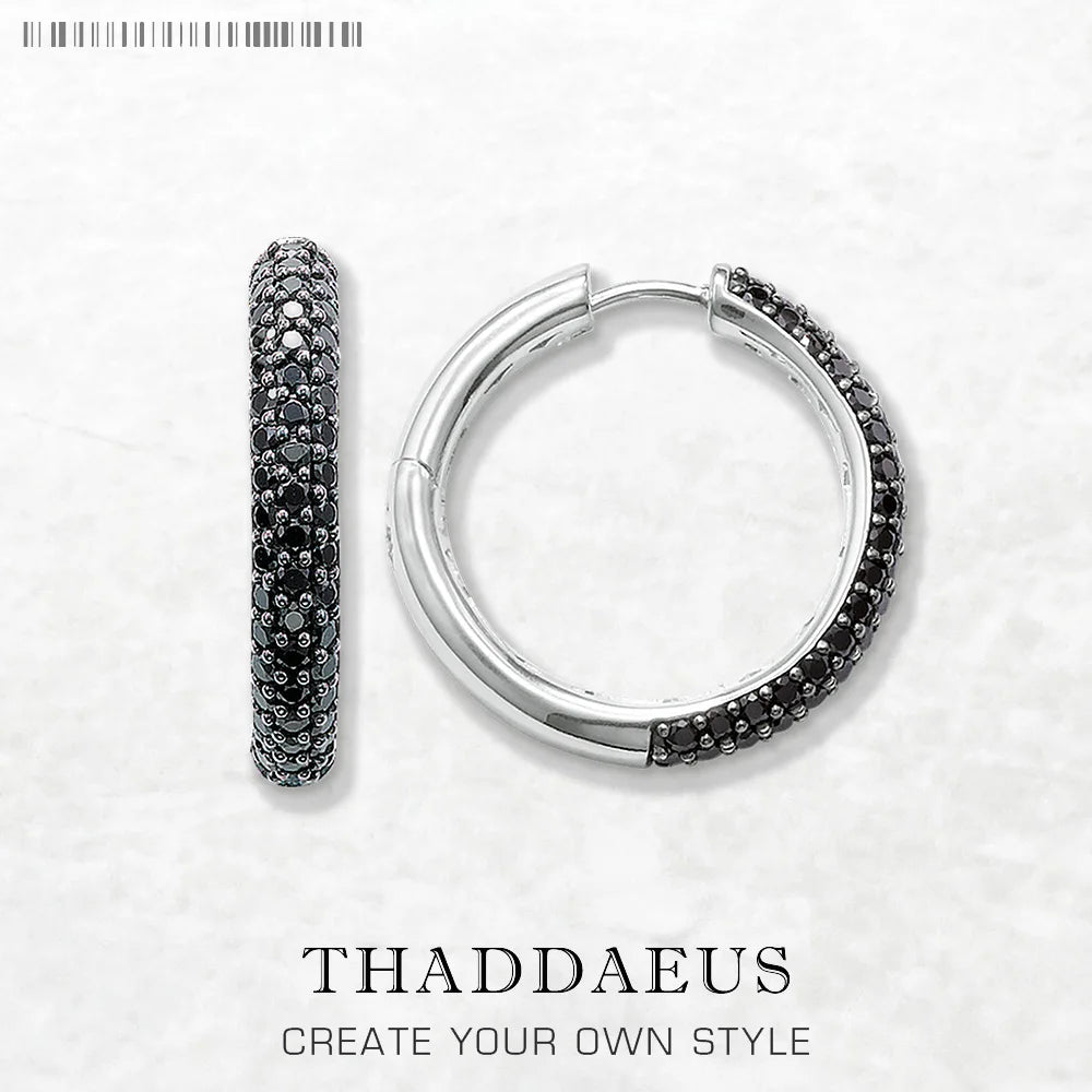 Black Pave Hinged Hoop Creole Earrings 925 Sterling Silver Vintage Glam