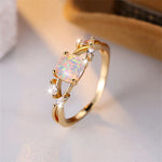 Cushion Cut Square Rainbow White Fire Opal Rings For Women Gold Color Horse Eye Zircon Charm Leaf Wedding Bands Party Jewelry CZ