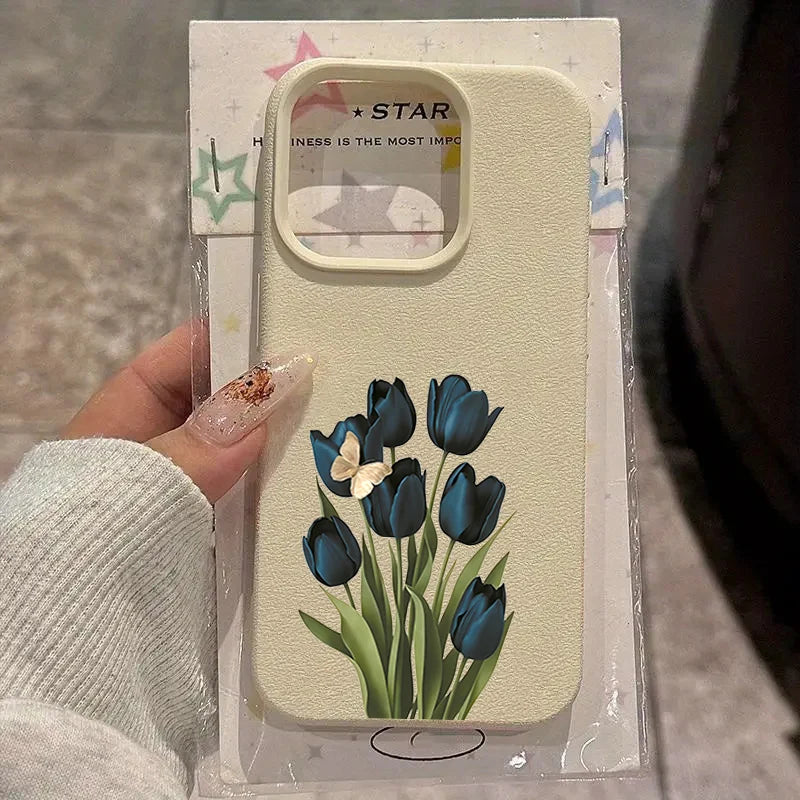 Blue Black Tulip Butterfly Lychee Case for iPhone 17 16 15 14 Pro