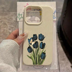 Blue Black Tulip Butterfly Lychee Case for iPhone 17 16 15 14 Pro
