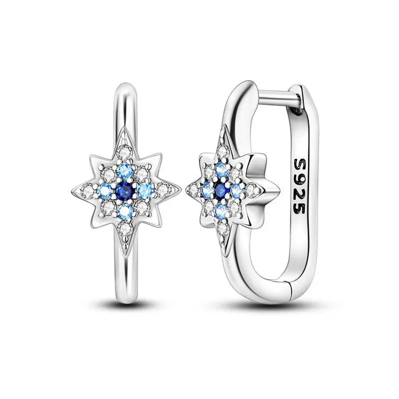 925 Sterling Silver Geometric Minimalist Blue Zircon Circle Hoop Earrings Gift