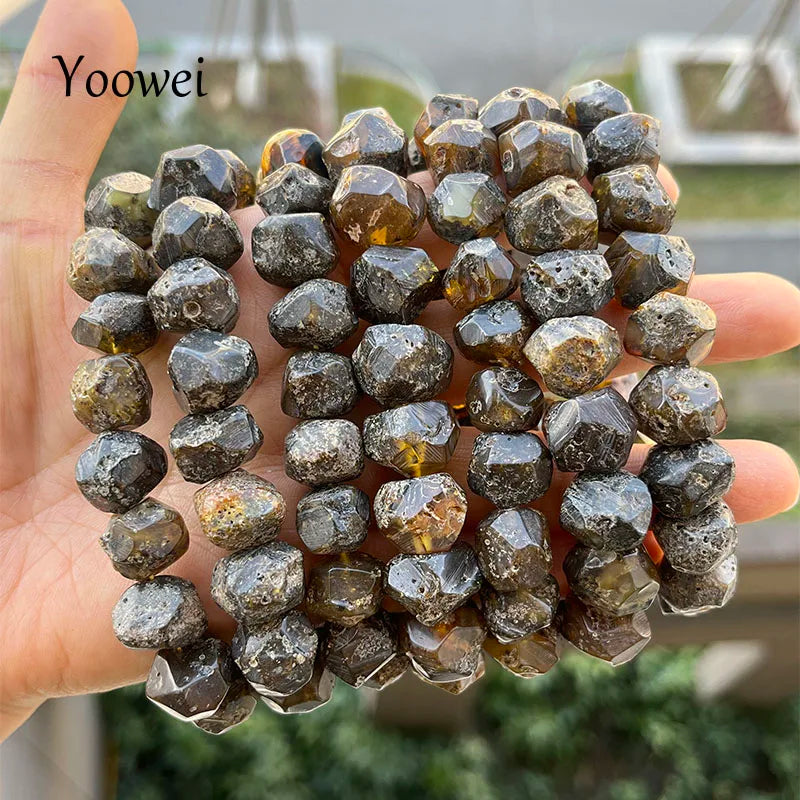 Real Faceted Amber Bracelet Irregular Black Beads Natural Healing Stone