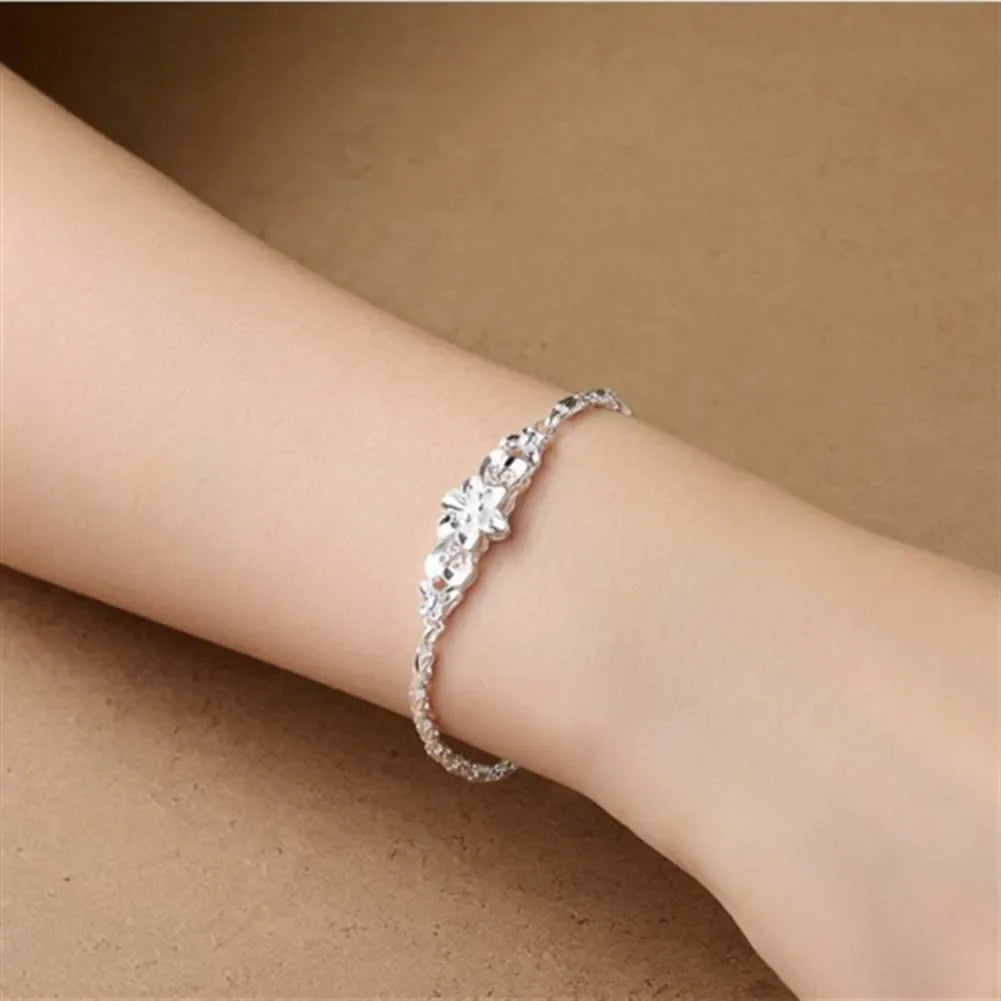 Beautiful Flowers Chain Charm Bracelet 925 Sterling Silver Women Fashion Gift