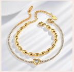 Stainless Steel Heart-shaped Rhinestone Bracelet for Women, Oval Beaded Bracelet Layered Waterproof Hand Wristband